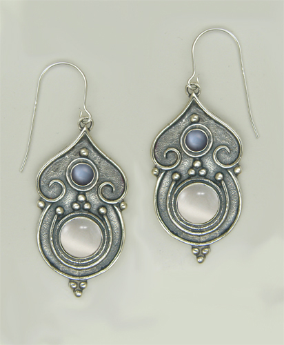 Sterling Silver Gothic Inspired Drop Dangle Earrings With White Moonstone And Grey Moonstone